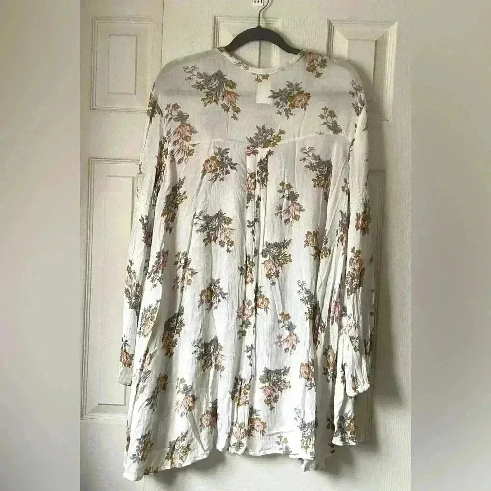Free People White Gardenia Retro Swing Tunic Mini Dress Floral Long Sleeve M - Picture 4 of 7